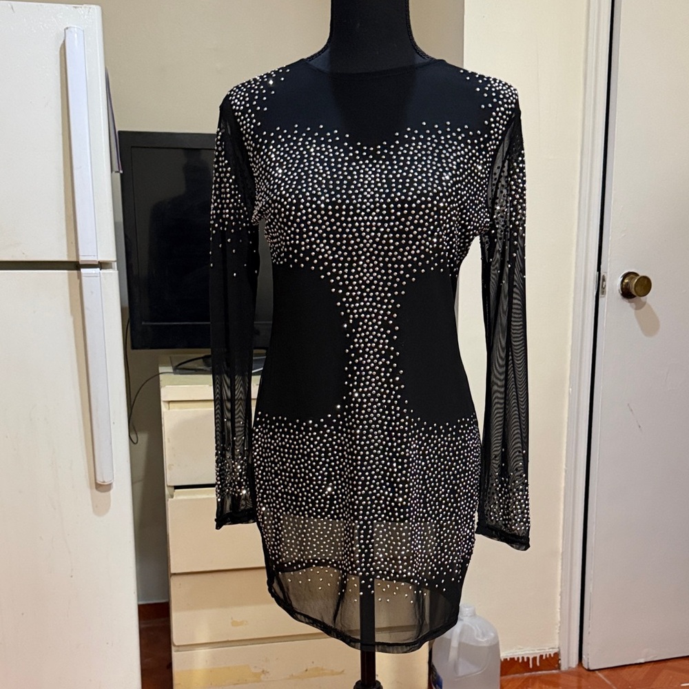 Elegant Black Long Sleeve Dress with Silver Accents